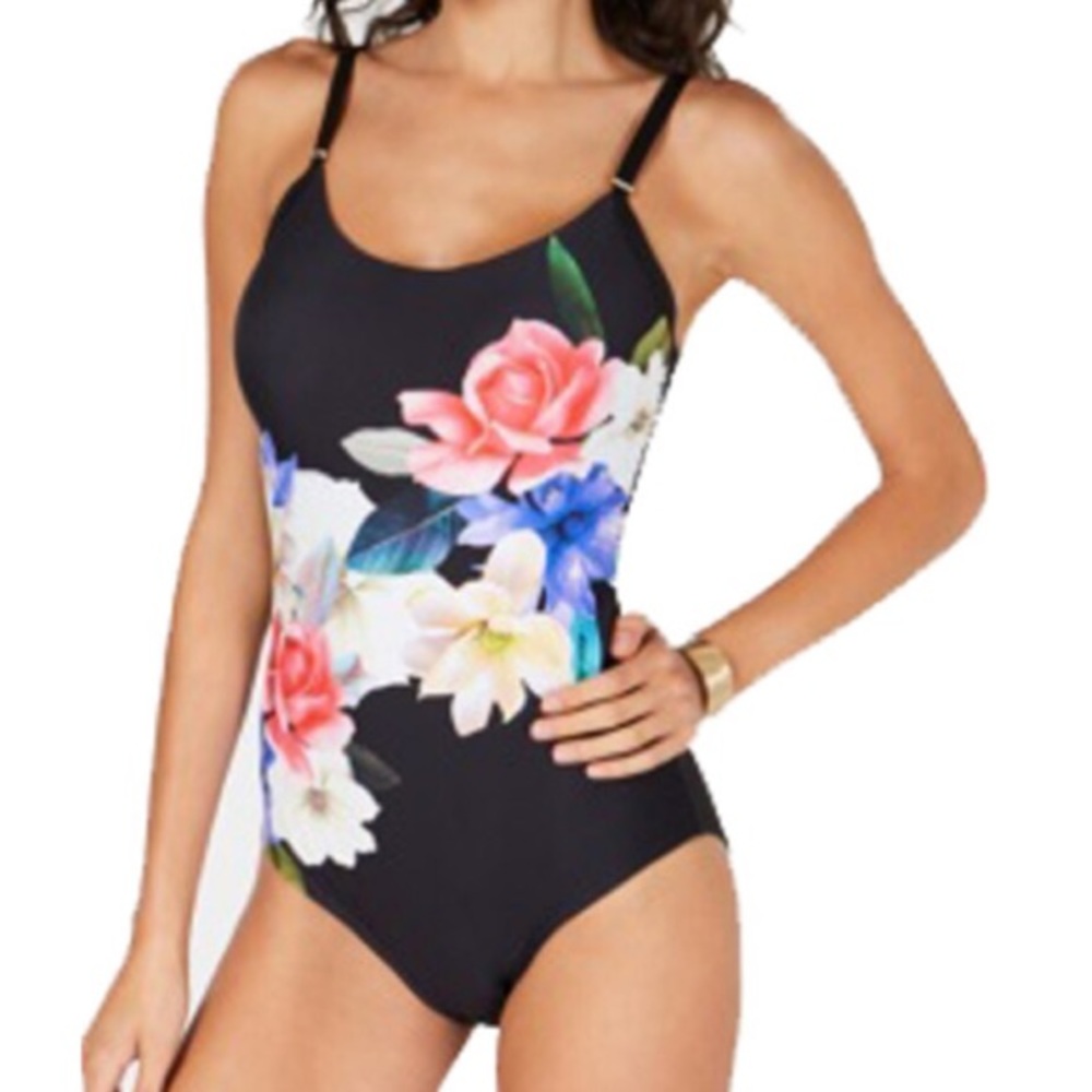 Calvin Klein Black Garden Floral Starburst Printed One-Piece Swimsuit - Picture 1 of 11